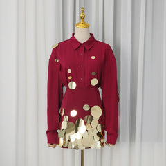 Round Sequins Long Sleeve Shirt and Mini Skirt Set