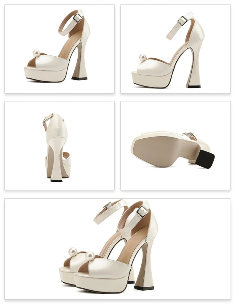 White high-heeled platform shoes with brown accents on a white background