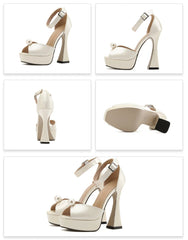 White high-heeled platform shoes with brown accents on a white background