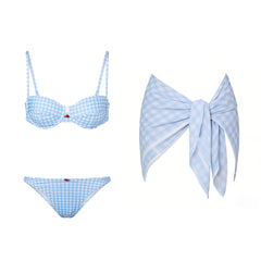 Blue gingham bikini set with a matching sarong