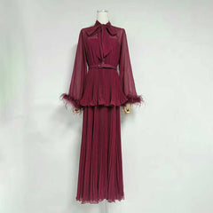 Round Collar Bow Neck Long Sleeve Pleated Maxi Dress