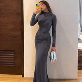 Turtleneck long sleeve maxi dress with ruched waist