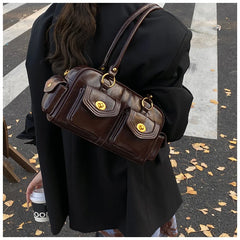 Microfiber Leather Vintage Pocket Satchel – Black & Burgundy