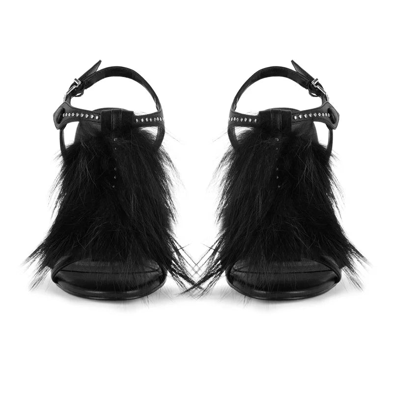 Front view of black faux fur stiletto sandals with crystal embellishments