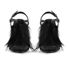 Front view of black faux fur stiletto sandals with crystal embellishments