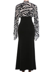 Zebra Print V-Neck Black Long Sleeve Maxi Dress