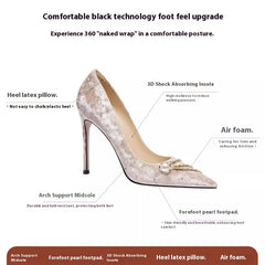 Pearl Chain Corduroy Heels | Pointed Party Stiletto Pumps