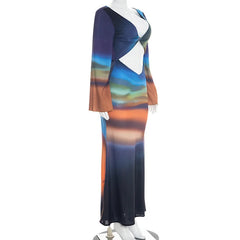 Mesh Tie Dye Long Sleeve Twisted Maxi Dress