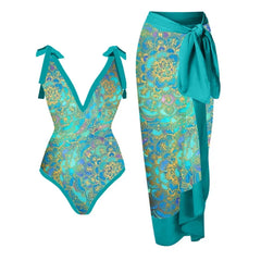 V-Neck Tie-Strap Swimsuit and Wrap Skirt Set