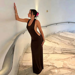 Open Back U Neck Metal Ring Maxi Dress