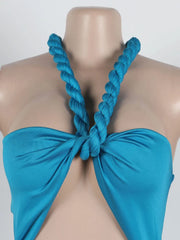 Blue bikini top with braided design on a mannequin against a white background