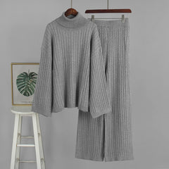 Cabel Knit Turtleneck Long Sleeve Top And High Waist Trousers Set