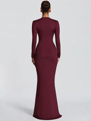Long Sleeve Bodycon Deep V Neck Draped Maxi Dress