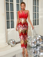 Red and gold sequin patchwork gown styled for evening elegance