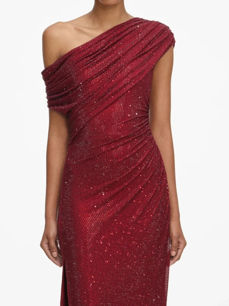 One shoulder ruched embellished gown dress