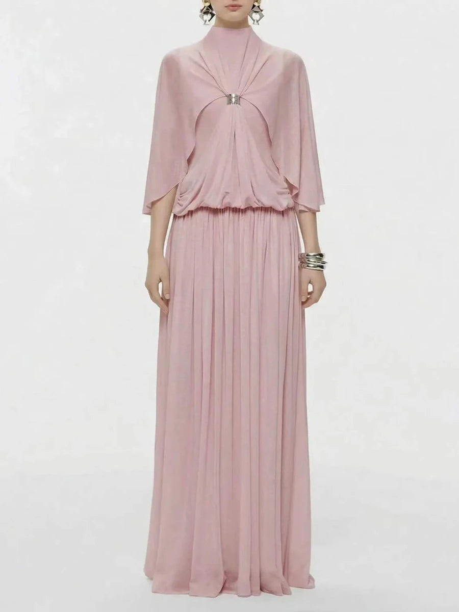 Pink chiffon maxi dress with cape sleeves and jewel buckle