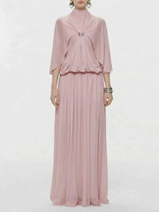 Pink chiffon maxi dress with cape sleeves and jewel buckle