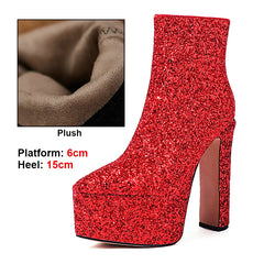 Red glitter platform boot with plush lining, showing heel and platform dimensions.