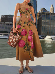 Woman in a floral dress with a cityscape background