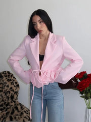 Ruffled Hem Lace-Up Crop Blazer