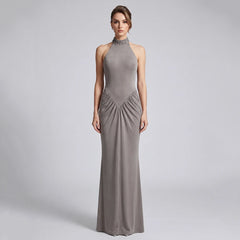 Diamond embellished halter neck ruched floor length gown