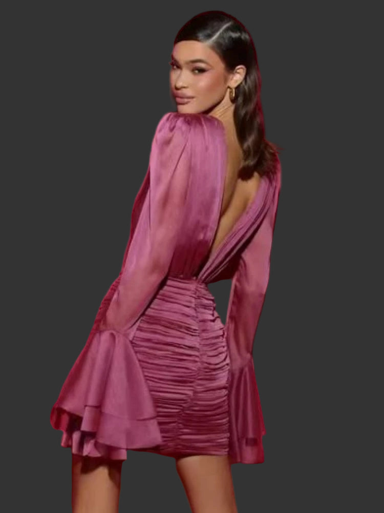 Flared sleeve satin dress with structured pleat detailing