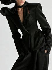 Black Bow Scarf Collar Hollow Out Lapel Collar Blazer