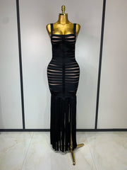Sleeveless square neck bandage midi dress with tassel hem