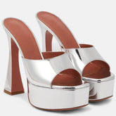 Silver platform block heel mules
