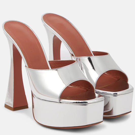 Silver platform block heel mules