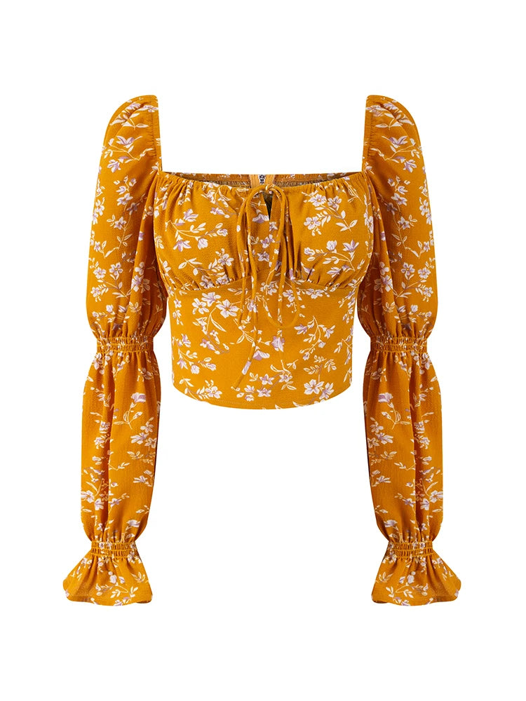Square neck tie-front puff sleeve blouse with floral print in yellow