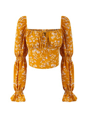 Square neck tie-front puff sleeve blouse with floral print in yellow