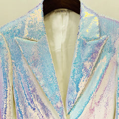 Multicolored sequin jacket on a mannequin against a neutral background