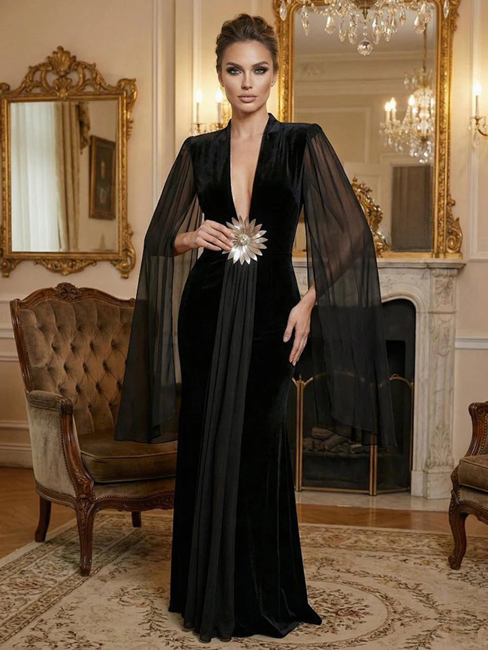 Black velvet maxi dress with V-neck and cloak sleeves