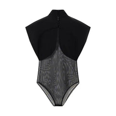 High Neck Mesh Patchwork Bodysuit