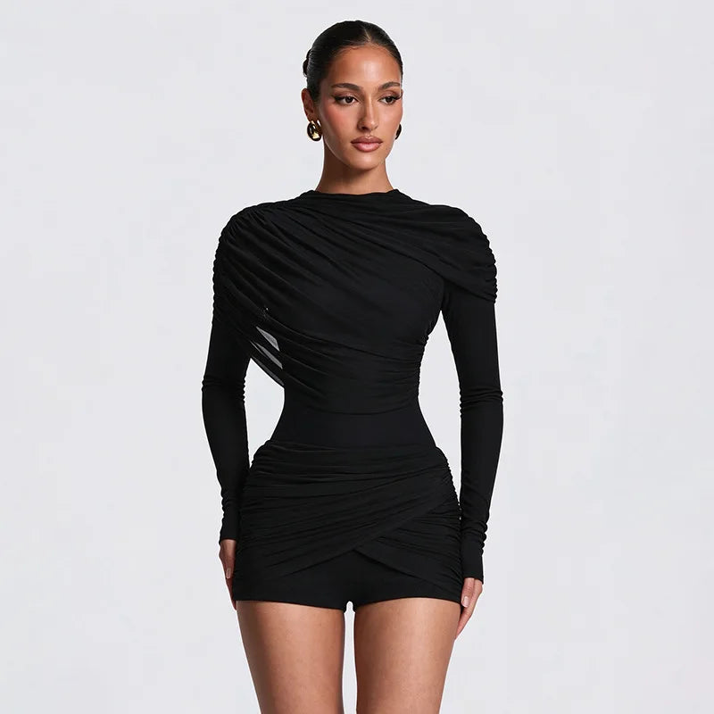 Black draped ruched long sleeve jumpsuit detail