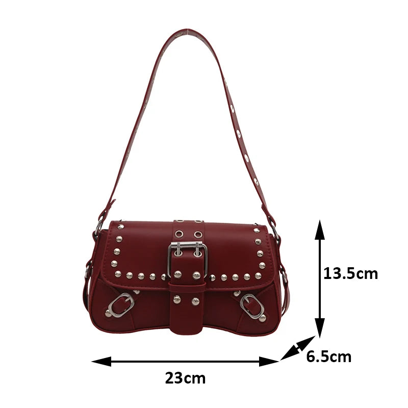 Red handbag with silver studs and measurements on a white background