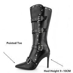 Pointed toe buckle strap stiletto boots with measurement indicators