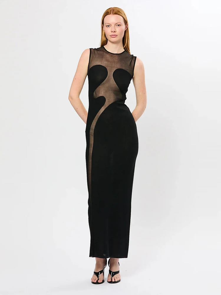 Sheer patchwork illusion dress, sleeveless design