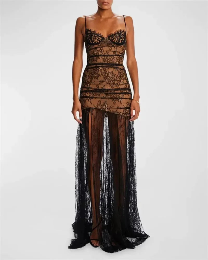 Sheer and lace maxi dress designed with a sculpted silhouette
