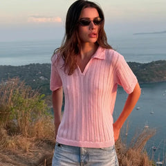 Knitted collared short sleeve v-neck textured pullover top