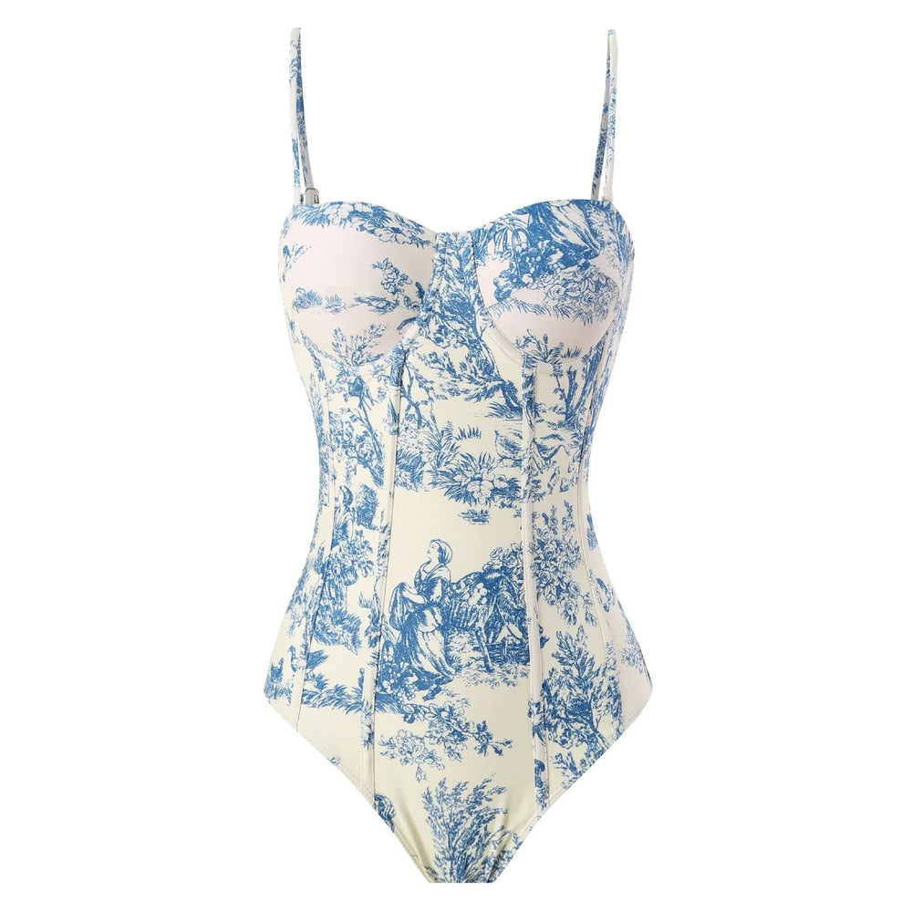 Close-up of bustier one-piece swimsuit with toile print