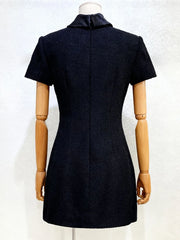 Black Tweed Mini Dress with Diamond Buttons