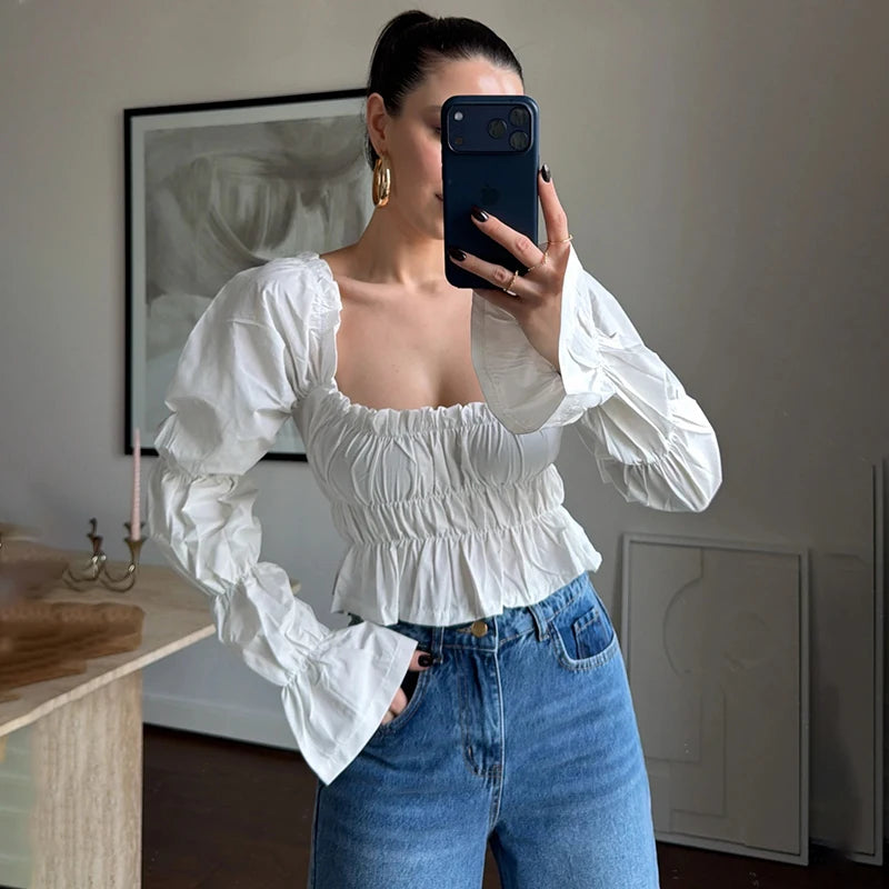 Smocked square neck puff sleeve white top