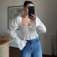 Smocked square neck puff sleeve white top