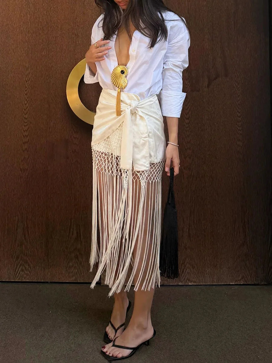 Tassel fringe satin midi skirt