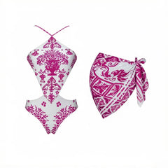 White and Blue Patterned Two Piece Swimwear Set