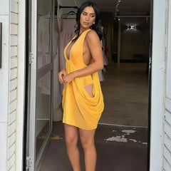 Yellow Drape Halter Neck Cutout Ruched Mini Dress
