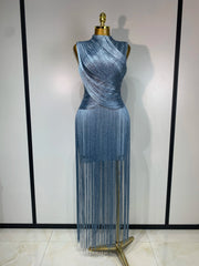 Sky blue fringe turtleneck dress
