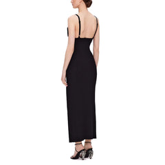 Black evening gown with thin straps on a white background